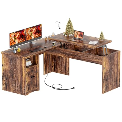 UnikitoLift Top L Shaped Desk with Drawer, Large Office Desk with Power Outlets and USB Charging Ports, Sturdy Corner Computer Desk Writing Table with Storage, L Shape Standing Desk, Vintage