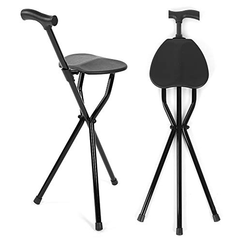 Bastón plegable con asiento de 3 patas, bastón de bastón con mango multifuncional 2 en 1 con asiento para silla, bastón de asiento plegable, ligero, aleación de aluminio, muleta con goma suave