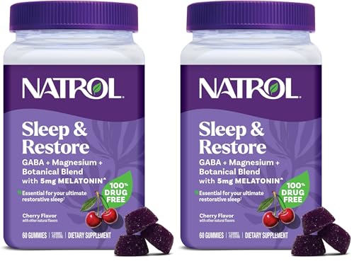 Natrol Sleep + Restore Magnesium Glycinate Blend Gummies with Melatonin 5mg - Calm Magnesium with GABA,Botanical Blend,Cherry Flavor,60 Gummies,(Pack of 2) - image 1