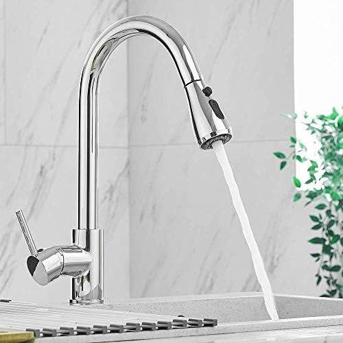 Heable Kitchen Sink Mixer Tap with Pull Down Sprayer Chrome, Single Handle High Arc Pull Out Kitchen Taps, Single Level Solid Brass Kitchen Faucet with UK Standard Fittings