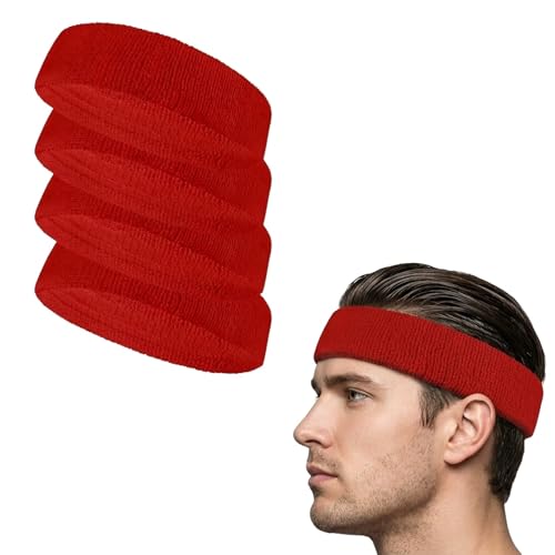 COUVER Terry Cloth Sports Headband 4 Pack, Red, One Size