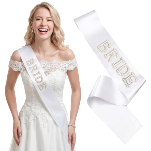 Bride to Be Sash, White Bride Sash with Pearls and Rhinestones
