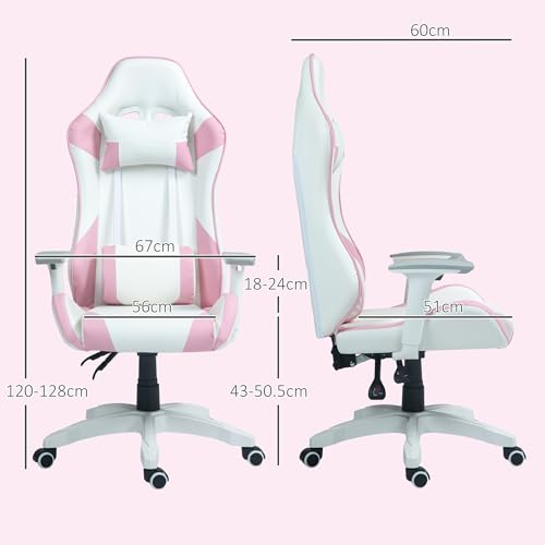 HOMCOM Silla Gaming Reclinable Silla Gamer Giratoria Silla de Oficina Basculante con Cojín Lumbar Reposabrazos 3D Reposacabezas Extraíble y Altura Ajustable 67x60x120-128 cm Blanco y Rosa - imagen 3