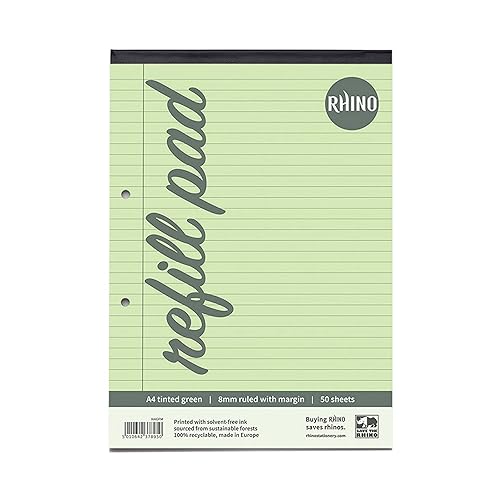 RHINO A4 Refill Pad, Writing Pad, 100 Page / 8mm Lined with Margin, 1 Pack, Green Lined Writing Paper for Dyslexia & SEN, Office & School Stationery Supplies