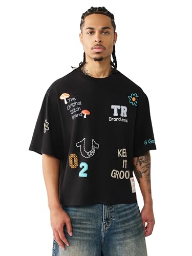 True Religion Men’s High Density Multi Logo Tee – Crewneck, Graphic Detailing, Premium Streetwear Style – Jet Black, Medium