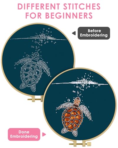 Image of TINDTOP Embroidery Kit for Beginners Adult, Turtle Embroidery Practice Kit | Include Embroidery Cloth Hoops Threads for Craft Lover Hand Stitch with Embroidery Skill Techniques