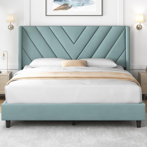 Image of Yaheetech Queen Bed Frame Upholstered Platform Bed /Wooden Slat Support /Tufted Headboard with Wing Side /Mattress Foundation /No Box Spring Needed,Blue Lake Queen
