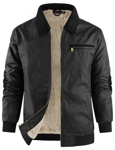 Flygo Mens Sherpa Lined Detroit Jacket Winter Warm Fleece Coat Waxed Washed Canvas Rugged Waterproof Jackets