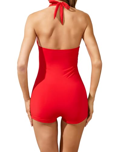 Image of Tempt Me Women Tummy Control One Piece Swimsuits with Shorts | Ruched, Retro bathing Suit, Boyleg, Halter, Vintage, Built-in padded cups
