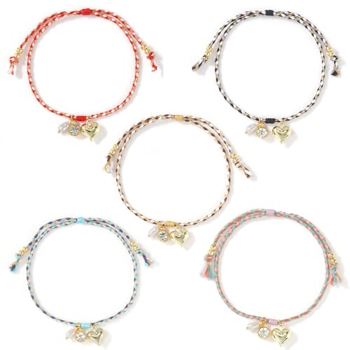 SHINUS BOHO 5PCS Dainty Gold Plated Heart Pearl Adjustable Stackable Bracelet Set for Women, Handmade Boho Colorful Braided String Statement Fashion Holiday Jewelry Gift