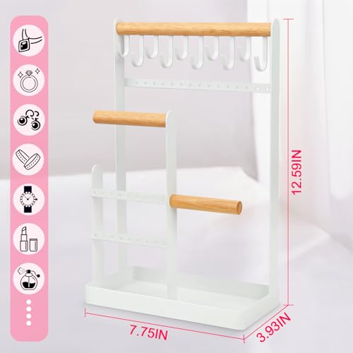 OUTUO Jewelry Holder Organizer, 5-Tier Tower Rack with 10 Hooks Necklace Organizer and Earring Tray/Holes for Necklaces Rings Earrings Watches Bracelets, Suitable Gifts for Women