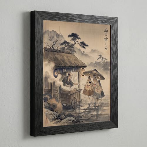 Framed Canvas Wall Art Edo Ink Wash Umbrella Spirits and Street Vendor Sepia Rainy Twilight Canvas Print Poster Black Frame Wall Decor for Living Room Office, Japanese Folklore - Inch 16x20 - Image 5