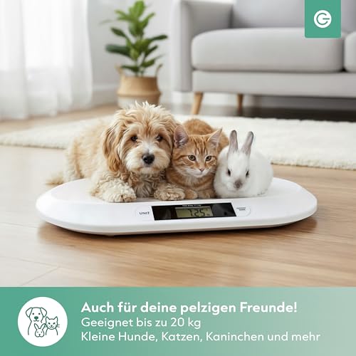 Silvergear® Smart Babywaage mit Bluetooth | Digitale Babywaage mit App für Neugeborene Kinder Haustiere | Präzise Messung bis 20 kg | Smart Life App | 54,5×31,5×2,7cm | Weiß