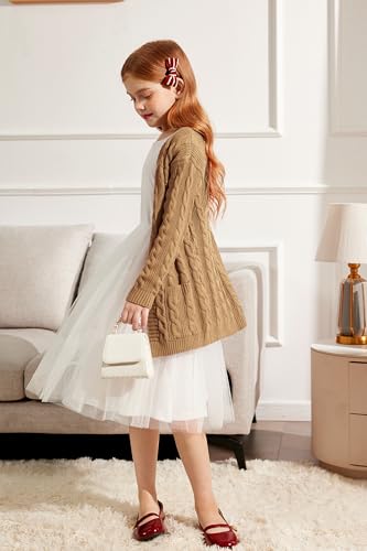 Image of Arshiner Girls Open Front Cardigan Long Sleeve Casual Kids Fall Clothes Solid Thick Chunky Sweater Coat with Pockets