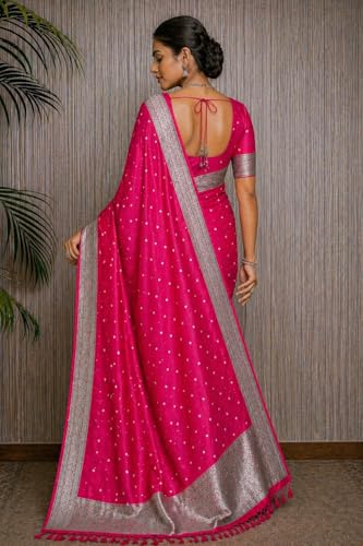 Image of Women's Glory Kanjivaram Banarasi Silk Saree with Polka Dot Embroidery Blend Woven Zari with Jacquard Woven Unstitched Blouse Piece.