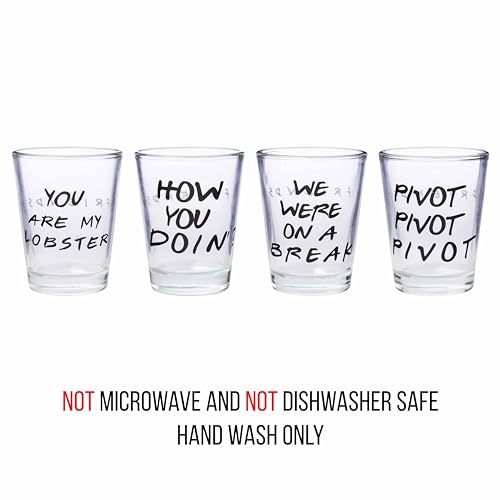 Image of Silver Buffalo Friends Iconic Quotes inchYou're My Lobster, inch inchHow You Doin' inch inchPivot, inch and inchWe Were On A Break! inch 4 Pack Mini Glasses, 1.5 Ounces