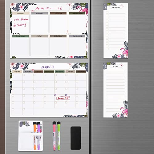 Magnetic Dry Erase Calendar Set for Fridge and Wall,4 Pcs Magnetic Whiteboard Calendar-Monthly & Weekly Planner,Bonus Notes and Grocery,4 Fine-Tip Markers with Cute Marker Holder & Eraser,17x12 inch