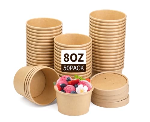 Image of Wuadua 50 Pack 8oz Paper Soup Cups with Lids Disposable Ice Cream Cups