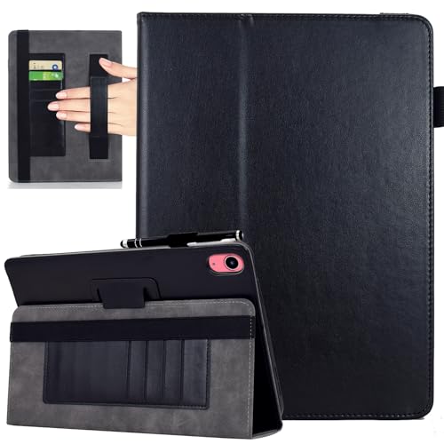 KEROM Case for iPad (A16) 11th Generation 11 Inch 2025, iPad 10th Generation Case 10.9 Inch 2022, Classic Elegant PU Leather Folio Stand Cover with Hand Strap, Card Slots, Pen Loop Holder - Black