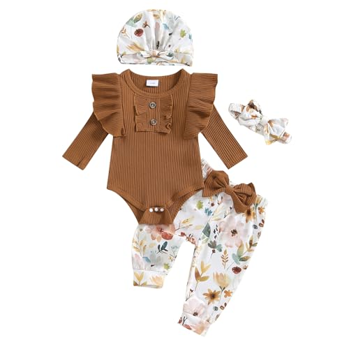 Baby Girl Fall Winter Clothes Ruffle Ribbed Romper Floral Pants Set With Fat Headband Newborn Going Home Outfit