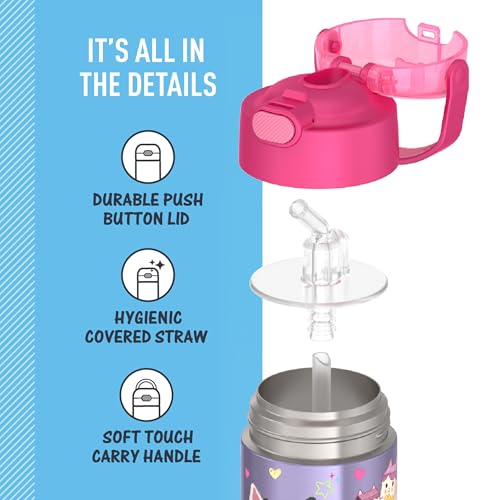 THERMOS FUNTAINER Water Bottle with Straw - 12 Ounce - Kids Stainless Steel Vacuum Insulated Water Bottle with Lid, Gabby’s Dollhouse
