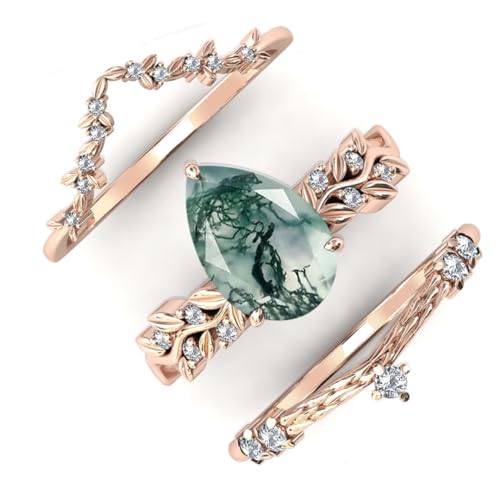 Natural Moss Agate Engagement Ring Set 925 Sterling Silver Rings for Her with Free Engraving Jewelry Gift for Women Moss Agate Vintage Ring Set-13