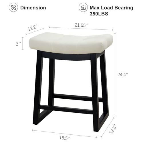 Image of Counter Height Bar Stools Set of 3, 24 Inch Backless Upholstered Counter Stools with Solid Rubberwood Legs, Modern Farmhouse Saddle Stools for Kitchen Island, Home Bar, White Linen Fabric