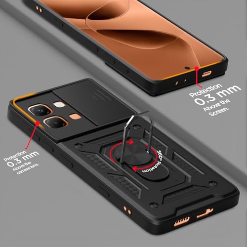 Image of Pikkme Back Cover for Infinix Note Edge 5G | 360 Protection Case | Sliding Camera Shield Cover & Ring Holder Stand D10 Tough Armor Bumper Case (Black)