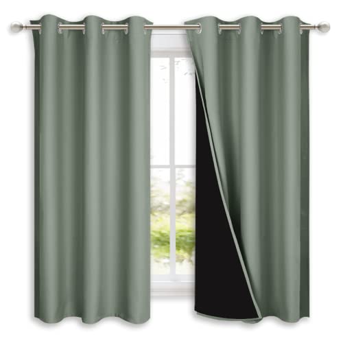 Image of NICETOWN Greyish Green 100% Blackout Lined Curtains, 2 Thick Layers Completely Blackout Window Treatment Panels Thermal Insulated Drapes for Kitchen (1 Pair, 42 inch Width x 63 inch Length Each Panel)