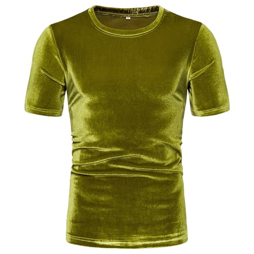 Modeewel Men's Velvet Shirt Short Sleeve Plain Summer Casual Shirt Shiny Basic Top Loose Fit Casual Shirt with Shine Summer Shirt Beach Shirt Sports Shirt Business Shirt, Green, L