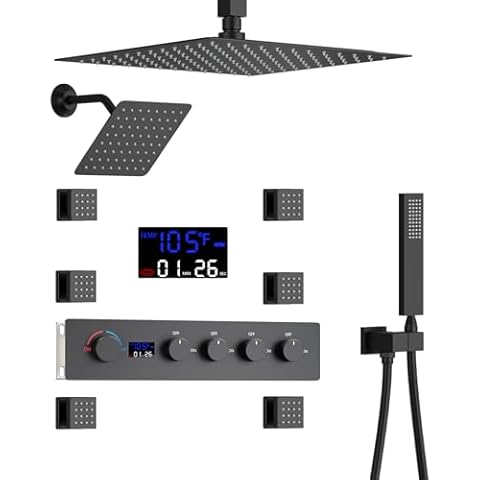 WHSHOWER Matte Black Body Jets Shower Set with 12" Ceiling Shower Head & 8" Side Square Head,Dual Shower Heads System with Handheld and Digital Shower Valve,Full Body Shower System Cover
