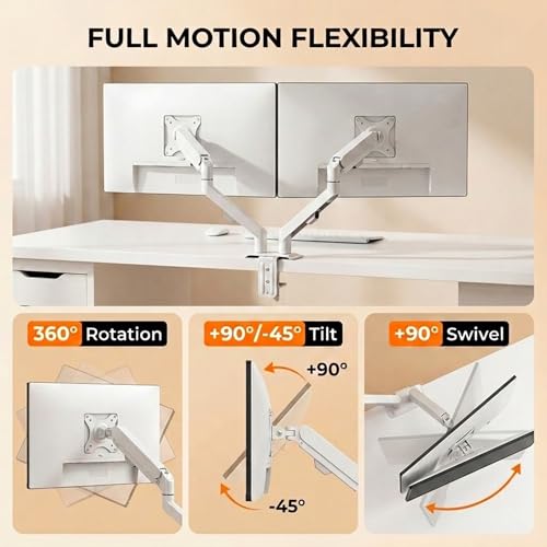 Image of White Dual Monitor Arm Desk Mount, Slim Gas Spring Double Monitor Stand for 2 Screens 17-30 Inch, Full Motion Adjustable VESA Mount Bracket with C-Clamp /Grommet Base, Fits Max 19.8lbs Per Arm