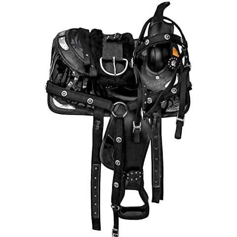 SUPREME SADDLERY Classic Quality Western Synthetic Comfort Barrel Racing Trail Tack Equestrian Horse Saddle All Accessories Included Size 10/18 (15.5" INCHES SEAT, Assassin Black Fringes) Cover