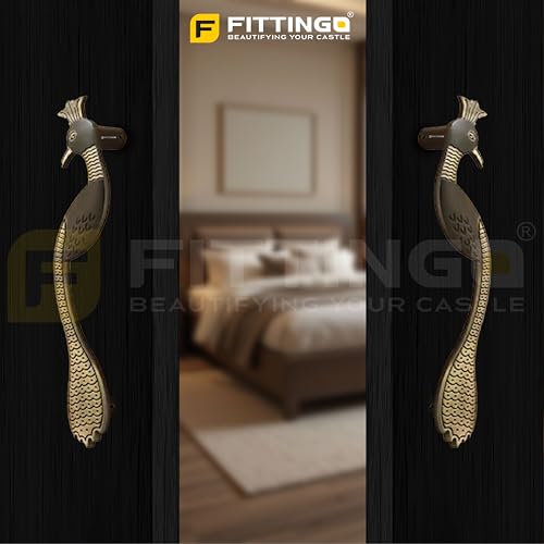 Image of Peacock Design Main Door Handle 15 Inch| Brass Antique Finish Pull Handle| Zinc Alloy Handle for Wooden & Glass Doors |Home, Office & Hotels | Hole-to-Hole 300mm | 3 Years Warranty | Set of 1