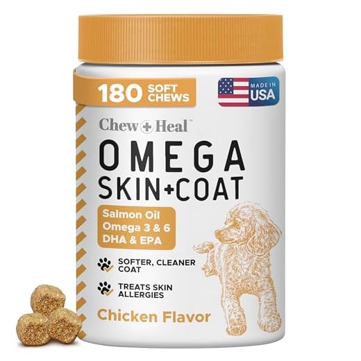 Chew + Heal Salmon Oil for Dogs - 180 Soft Chew Omega Treats for Skin and Coat - Fish Oil Blend of Essential Fatty Acids, Omega 3, 6, and 9, Vitamins, Antioxidants and Minerals - Made in USA
