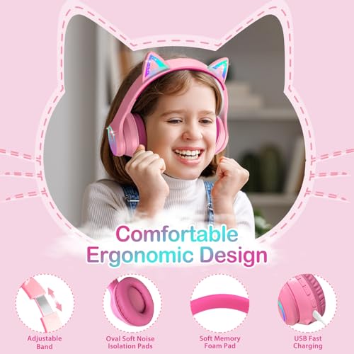 Image of LOBKIN Bluetooth 5.3 Kids Headphones with Case - RGB LED Light Up Cat Ears Foldable Adjustable Over-Ear Headset Support Wireless or 3.5mm Wired Mode for Toddler & Girls & Boys Teens (Rose Red)
