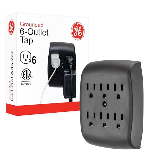 GE 6-Outlet Extender Wall Tap, Grounded Adapter, Charging Station, 3-Prong, Secure Install, ETL Listed, Black, 54840