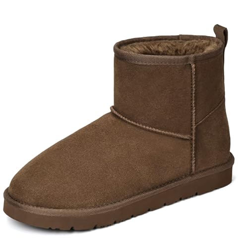Womens Genuine Suede Boots Brown Anti-slip Warm Comfort Ankle Fuzzy Winter Short Boots for Outdoor Indoor