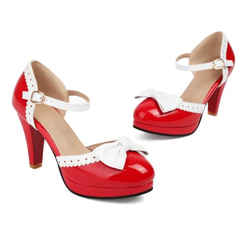 Image of ForeMode Fashion Women T-Strap High Heels Bow Platform Round Toe Pumps Leather Summer Sweet Shoes