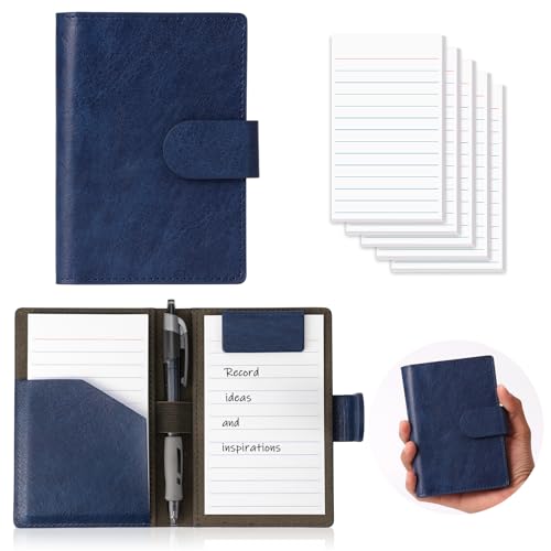 Blue Index Card Holder PU Leather 3x5 Note Card Holder Wallet Portable Pocket Notepad with Pen Holder Magnetic Index Card Case with Card Solt 20 Pcs Ruled Note Cards For Record Meetings (No Pen)