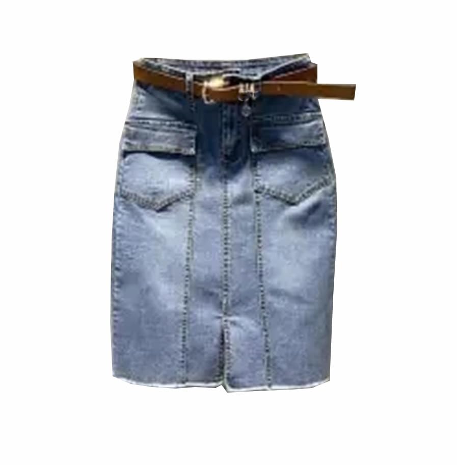 Women's with Slit Stretch Denim Skirt Summer Mid-Calf Pocket Skirt