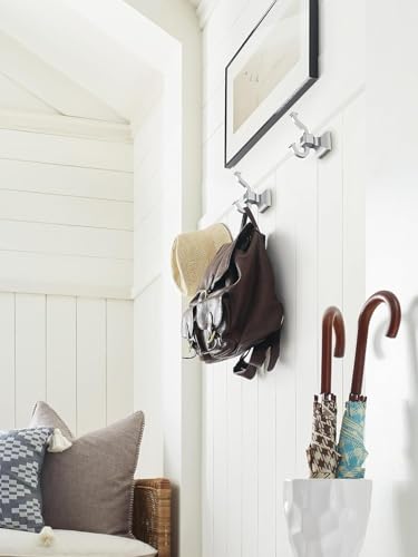 Image of Amerock Mulholland Double Prong Polished Nickel Wall-Mounted Hook | Decorative wall hook in durable zinc construction for coats, hats, bags, towels, and everyday organization