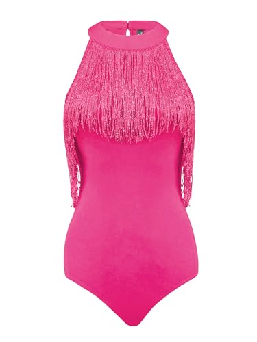 Body de fiesta para mujer leotardo sin mangas cuello halter con fleco