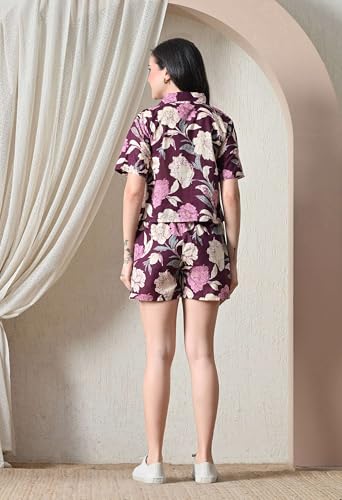 Image of Women Cotton Pajama Set Shirt & Shorts | Co-Ord Night Suit Soft Breathable Printed Sleepwear Lounge Wear Comfortable