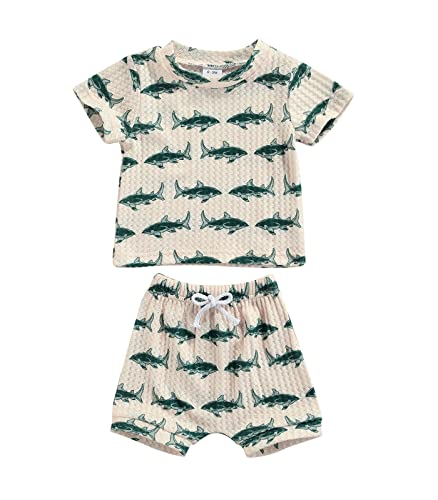 Newborn Baby Boys Summer Cute Clothes Sets 2Pcs 0-18M Animal Printed Short Sleeve Pullover T Shirts Tops Shorts (Beige , 0-3 Months ) #TOP6