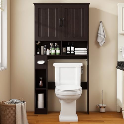 Image of Vabches Over The Toilet Storage Cabinet, Farmhouse Storage Cabinet Over Toilet with Barn Door& Toilet Paper Holder Stand，Home Space-Saving Toilet Rack, for Bathroom, Restroom, Laundry.(Walnut)