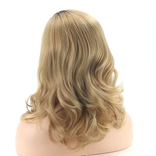 Renershow Medium Blonde Curly Wigs For White Women Ombre Blonde Wavy Synthetic Wig With Dark Roots Side Part Wavy Hair Repalcement Wig #TOP2
