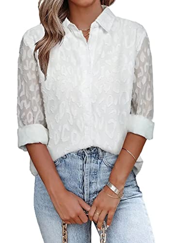 Farysays Womens Long Sleeve Blouses Button Down Shirts V Neck Casual Summer Sheer Cute Tops For Teen Girls Leopard White Small #TOP29
