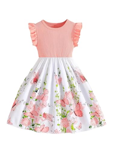 SHENHE Girl's Summer Floral Dress Ruffle Sleeve A Line Flowy Ribbed Boho Vacation Dress