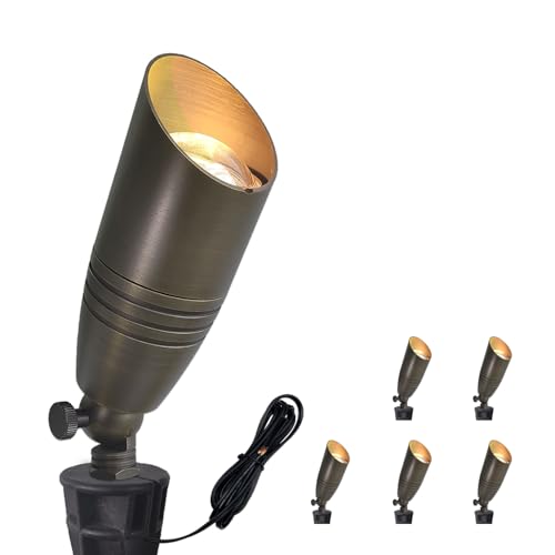 COLOER Die-cast Brass Landscape Spotlights Outdoor, 12V AC/DC Low Voltage Spotlight, IP65 Waterproof Landscape Lighting for Yard, Garden Patio Trees Spot Uplight(102B,6-Pack Without Bulb) Br